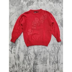 Vintage 80s Beautifully Mine Crew Neck Sweater Size M Red Floral Pearl Lace Knit